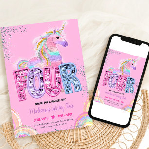 Rainbow Sequin Unicorn 4th Birthday Invitation