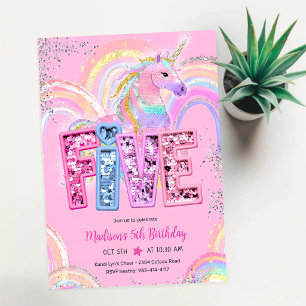 Rainbow Sequin Unicorn 5th Birthday Invitation