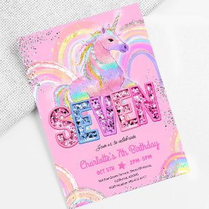 Rainbow Sequin Unicorn 7th Birthday Invitation