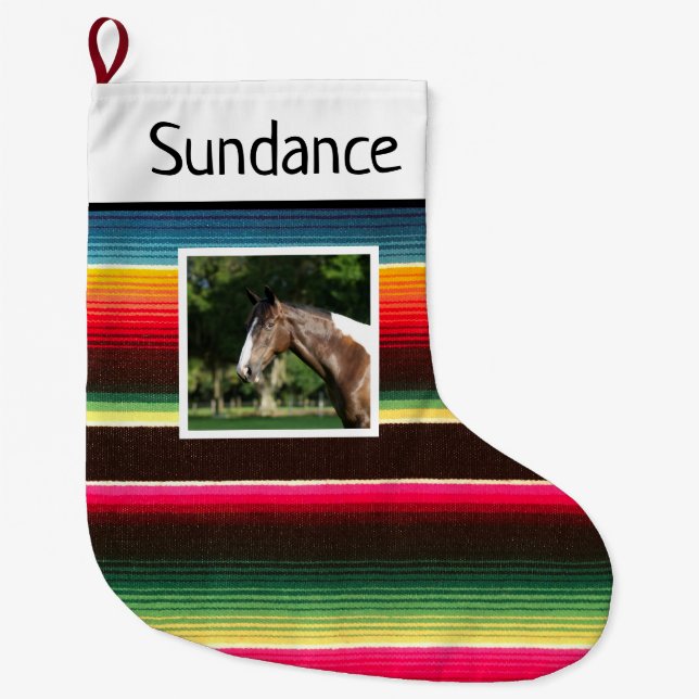 Rainbow Serape Custom Horse 1 Photo Large Christmas Stocking (Front)