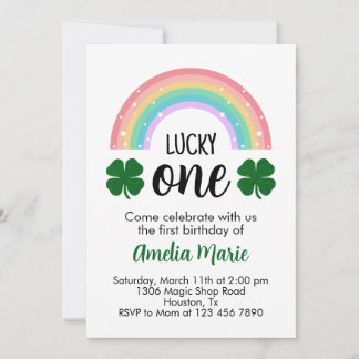 Rainbow & Shamrock Lucky One First Birthday Invitation