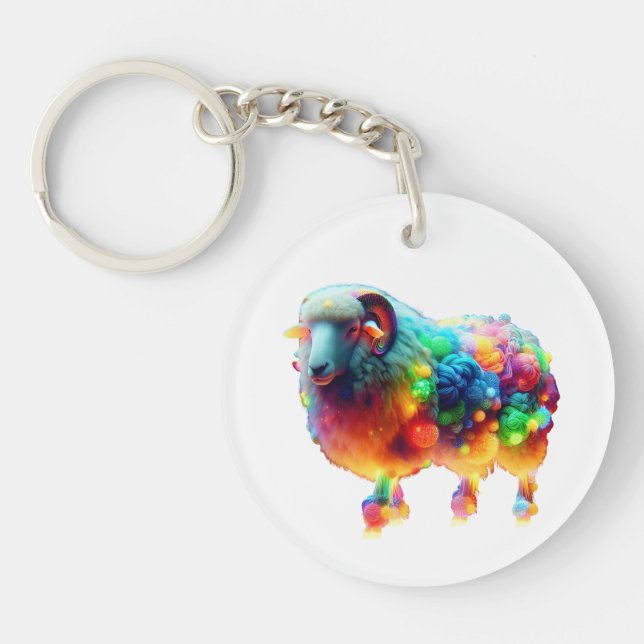 Rainbow Sheep Art – Glowing Colorful Wool, Fantasy Keychain (Front)