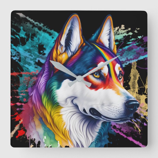 Rainbow Siberian Husky Watercolor Square Wall Clock (Front)