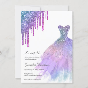 Rainbow silver Dress Glitter Drips Sweet Sixteen Invitation