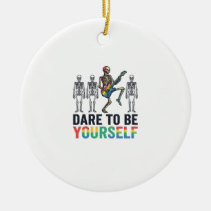 Rainbow Skeleton Dare to Be Yourself Vector Design Ceramic Ornament