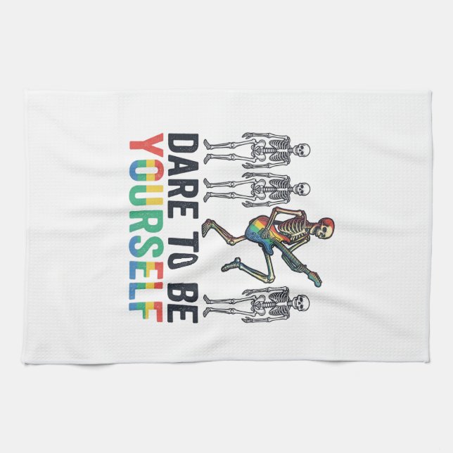 Rainbow Skeleton Dare to Be Yourself Vector Design Kitchen Towel (Horizontal)