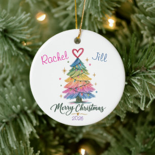 Rainbow Sketched Christmas Tree Ceramic Ornament