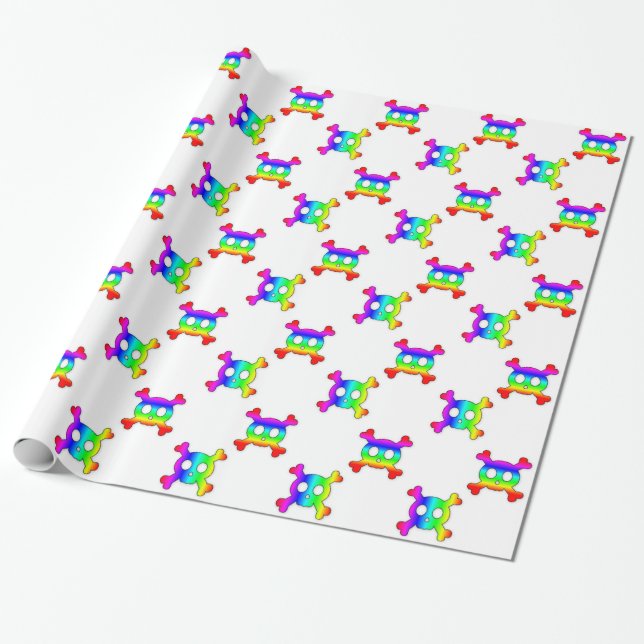 Rainbow Skulls and Crossbones wrapping paper (Unrolled)