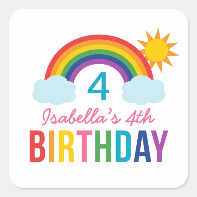 Rainbow Sky White Girls Birthday Party Square Sticker (Front)