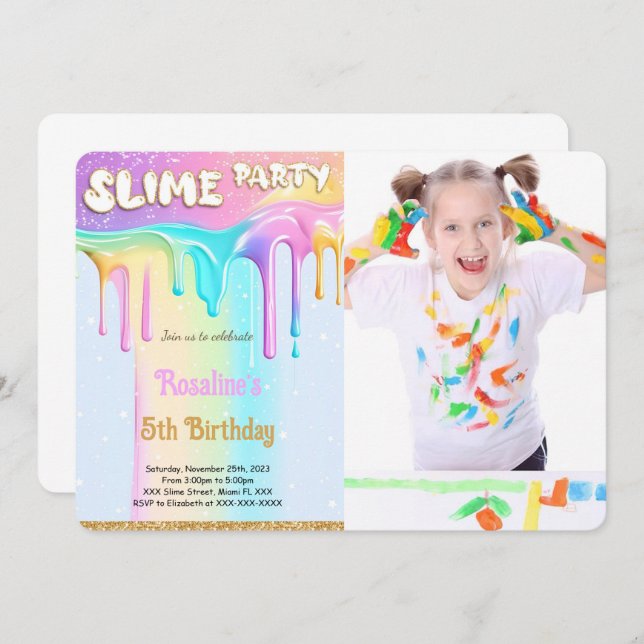 Rainbow Slime Birthday Party Photo Invitation (Front/Back)