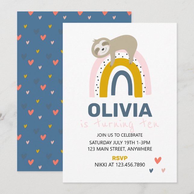 Rainbow Sloth Invitation de fête d'anniversaire (Devant / Derrière)