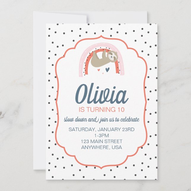 Rainbow Sloth Invitation de fête d'anniversaire (Devant)