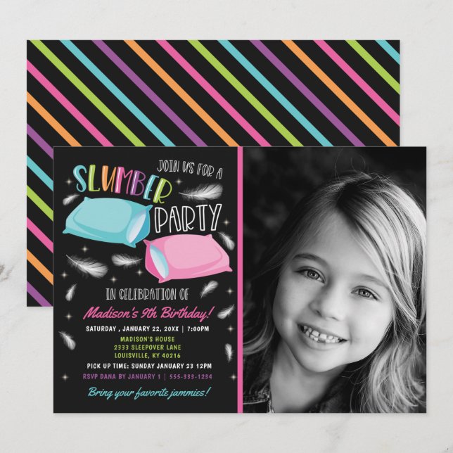 Rainbow Slumber Party Sleepover Photo Birthday Invitation (Front/Back)