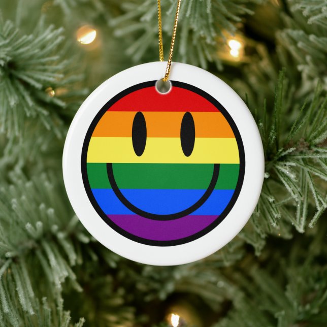 Rainbow Smiley Face Ceramic Ornament (Tree)