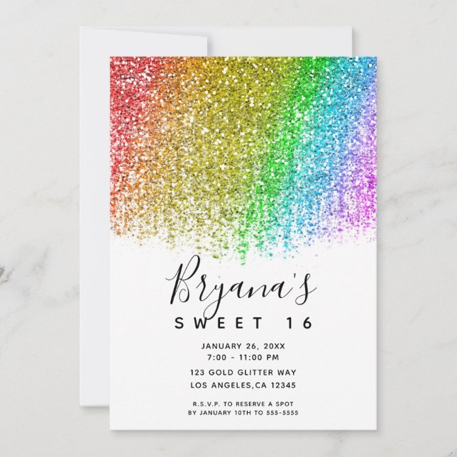 Rainbow Snowcone Glitter Sparkly Sweet 16 Party Invitation (Front)