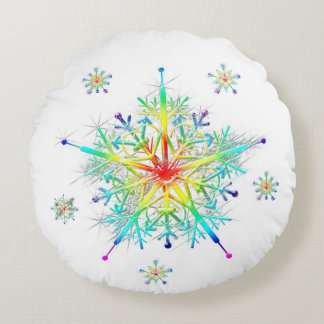 Rainbow Snowflake Ice Crystal Round Pillow