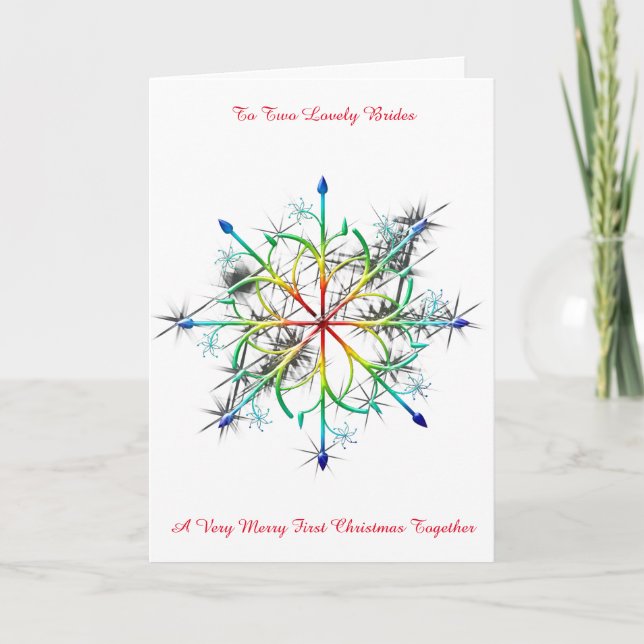 Rainbow Snowflake Lesbian Newly Wed 1st Christmas Holiday Card (Front)
