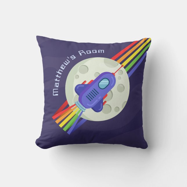 Rainbow Space Rocket Childrens Room Throw Pillow (Front)