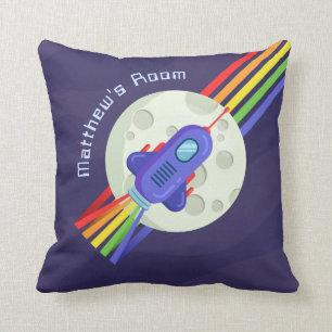 Rainbow Space Rocket Childrens Room Throw Pillow