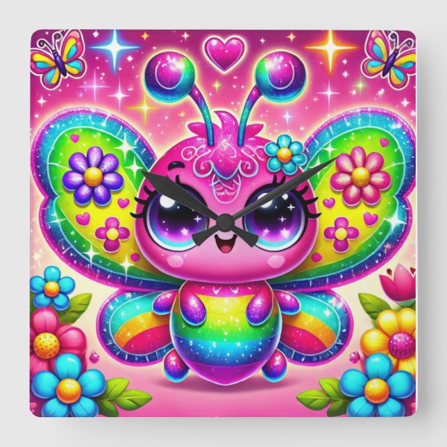 Rainbow Sparkle Butterfly Square Wall Clock (Front)