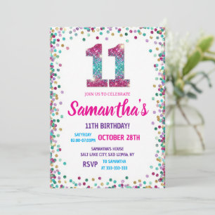 Rainbow Sparkle Glitter 11th Birthday Party  Invitation