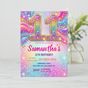 Rainbow Sparkle Glitter 11th Birthday Party  Invitation