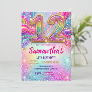 Rainbow Sparkle Glitter 12th Birthday Party Invitation