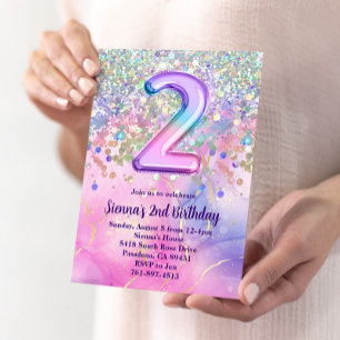 Rainbow Sparkle Glitter 2nd Birthday Party Invitation