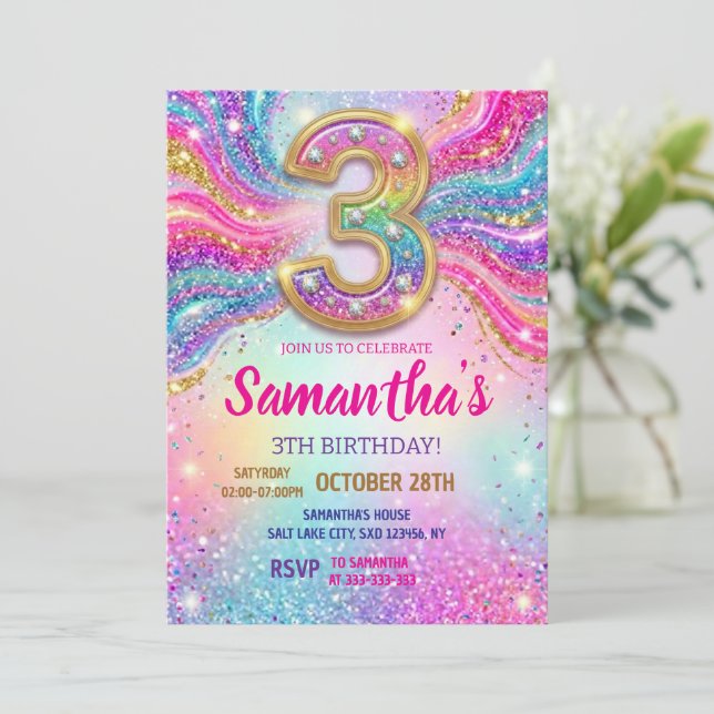 Rainbow Sparkle Glitter 3th Birthday Party Invitation (Standing Front)