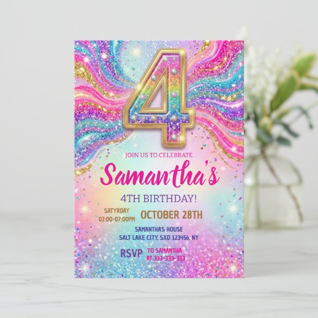 Rainbow Sparkle Glitter 4th Birthday Party Invitation (Standing Front)
