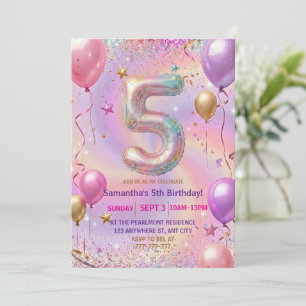 Rainbow Sparkle Glitter 5th Birthday Party Invitation