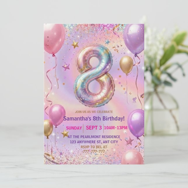 Rainbow Sparkle Glitter 8th Birthday Party Invitation (Standing Front)