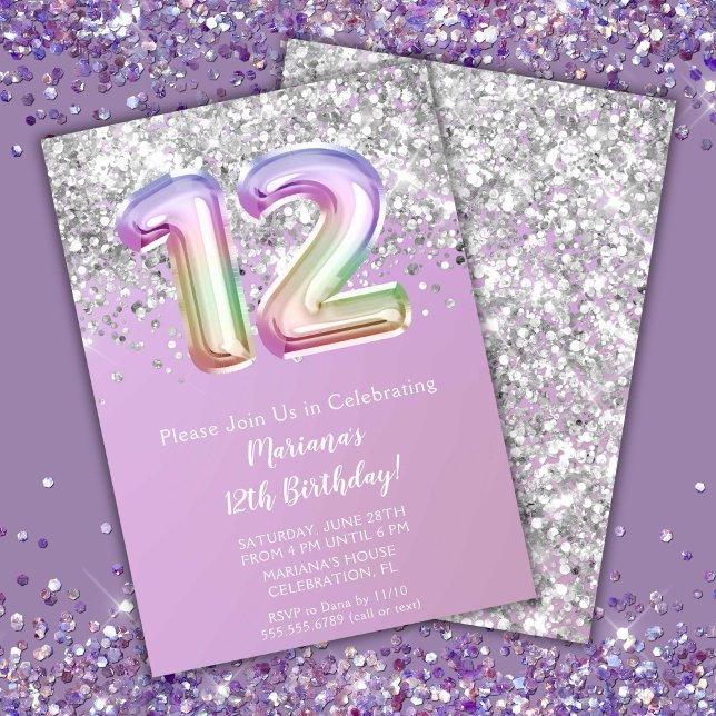 Rainbow Sparkle Glitter Girl 12th Birthday Party Invitation (Creator Uploaded)