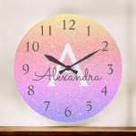 Rainbow Sparkle Glitter Monogram Name & Initial Large Clock<br><div class="desc">Rainbow Pastel Gold,  Purple and Pink Ombre Sparkle Glitter Monogram Name and Initial Serving Wall Clock. The Wall Clock makes the perfect gift for someone who loves sparkle and glitter.</div>