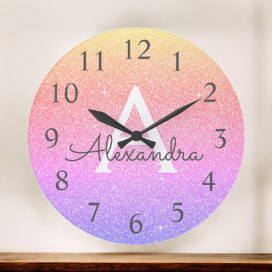 Rainbow Sparkle Glitter Monogram Name & Initial Large Clock