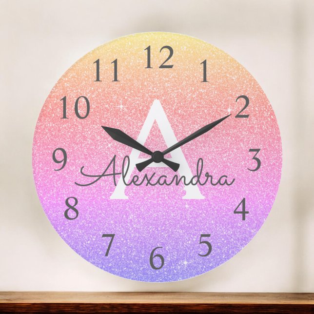 Rainbow Sparkle Glitter Monogram Name & Initial Large Clock (Creator Uploaded)