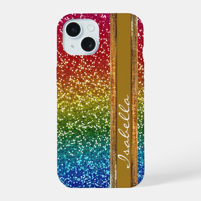 Rainbow Sparkle Glitter, Personalized with Name iPhone 15 Case (Back)