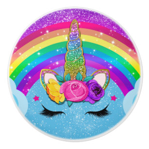 Rainbow Sparkle Glittery Unicorn Horn Face Ceramic Knob