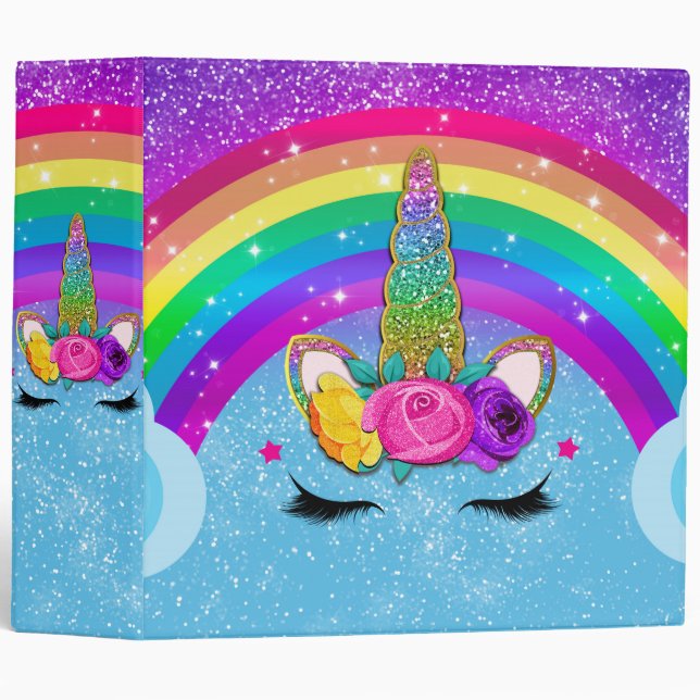 Rainbow Sparkle Glittery Unicorn Horn Face Girls Binder (Front/Spine)