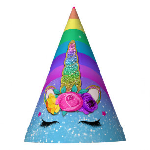 Rainbow Sparkle Glittery Unicorn Horn Face Party Hat