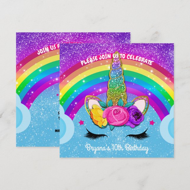 Rainbow Sparkle Glittery Unicorn Horn Face Party Invitation (Front/Back)