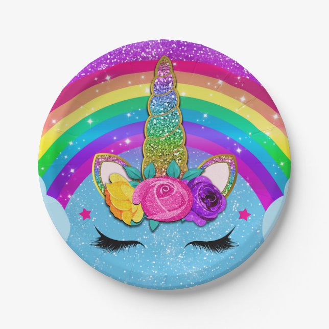 Rainbow Sparkle Glittery Unicorn Horn Face Party Paper Plate (Front)