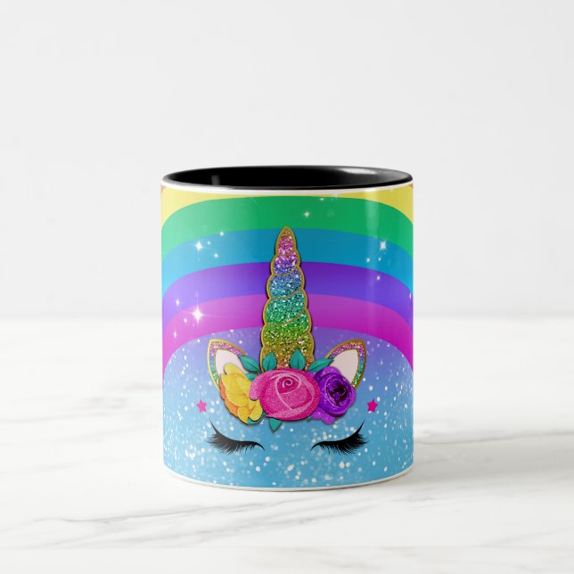 Rainbow Sparkle Glittery Unicorn Horn Face Two-Tone Coffee Mug (Center)