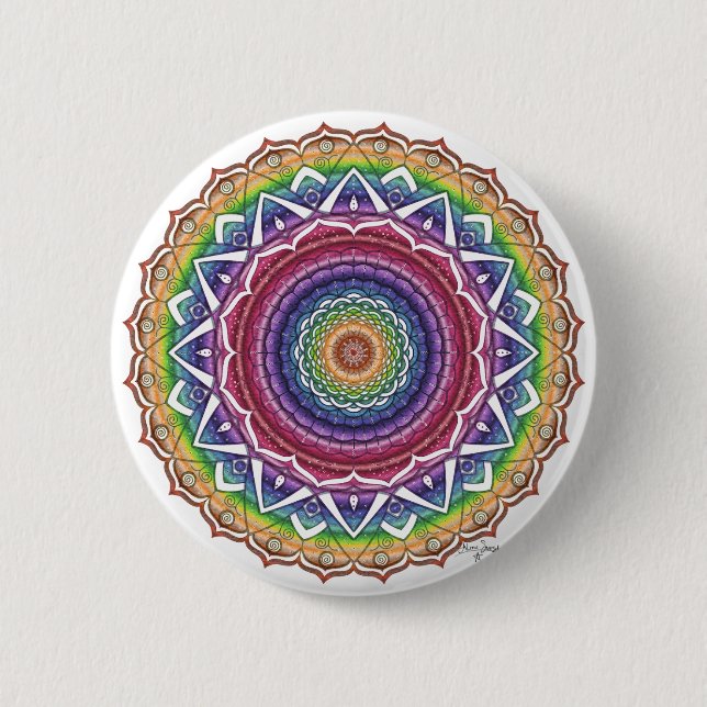 Rainbow Spiral and Geometric Flower Mandala 2 Inch Round Button (Front)