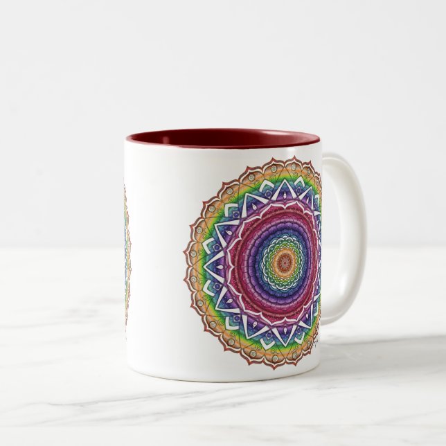 Rainbow Spiral and Geometric Flower Mandala Two-Tone Coffee Mug (Front Right)