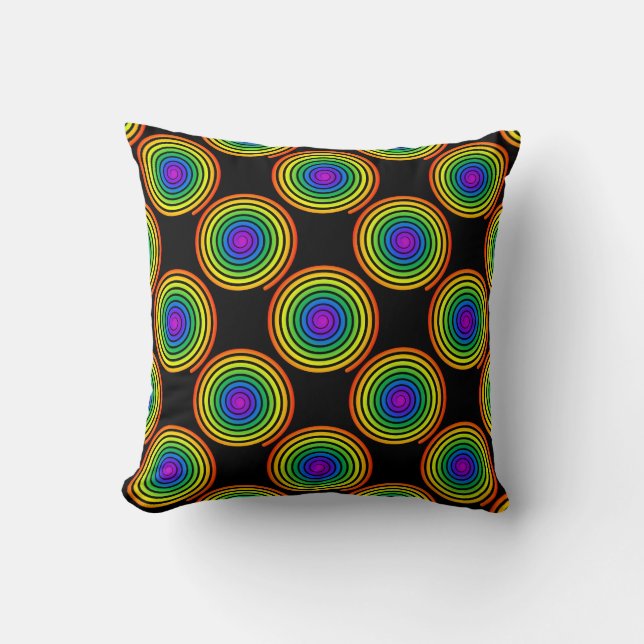 Rainbow Spiral Pattern on Black Background Throw Pillow (Front)