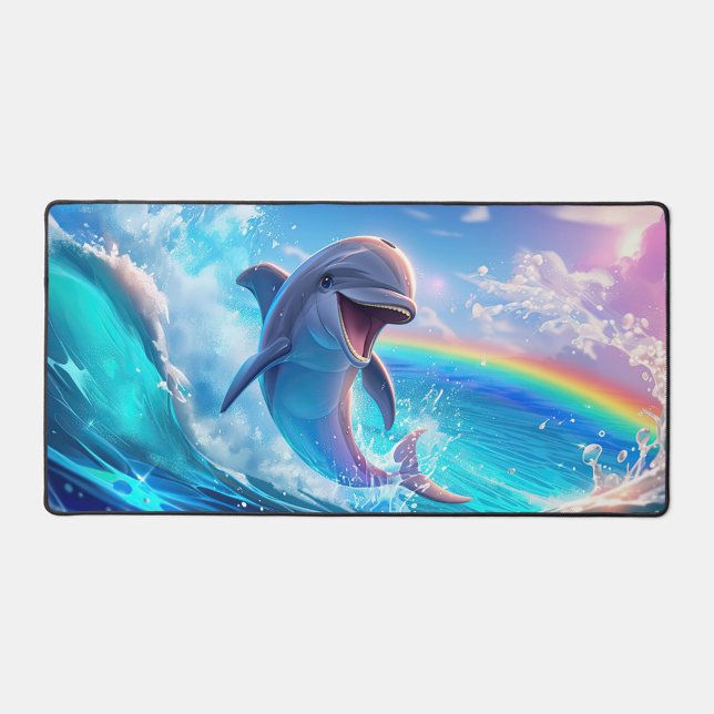 Rainbow Splash Dolphin Illustration Desk Mat (A joyful dolphin leaps from vibrant ocean waves under a bright rainbow.  )