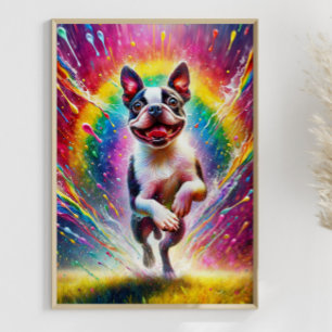 Rainbow Splatter Boston Terrier Colourful Art Poster