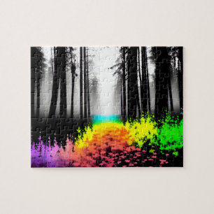 Rainbow Splatter Pours into Silhouette Forest Jigsaw Puzzle