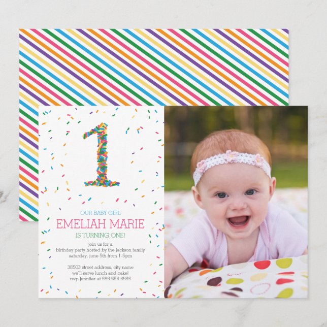 Rainbow Sprinkles 1st Birthday Party Invite (Front/Back)